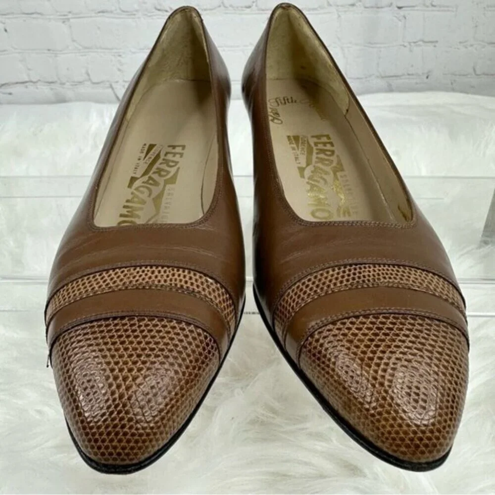 Salvatore Ferragamo Brown Leather Lizard‎ Cap Toe Pumps Block Heel 6.5 B Italy